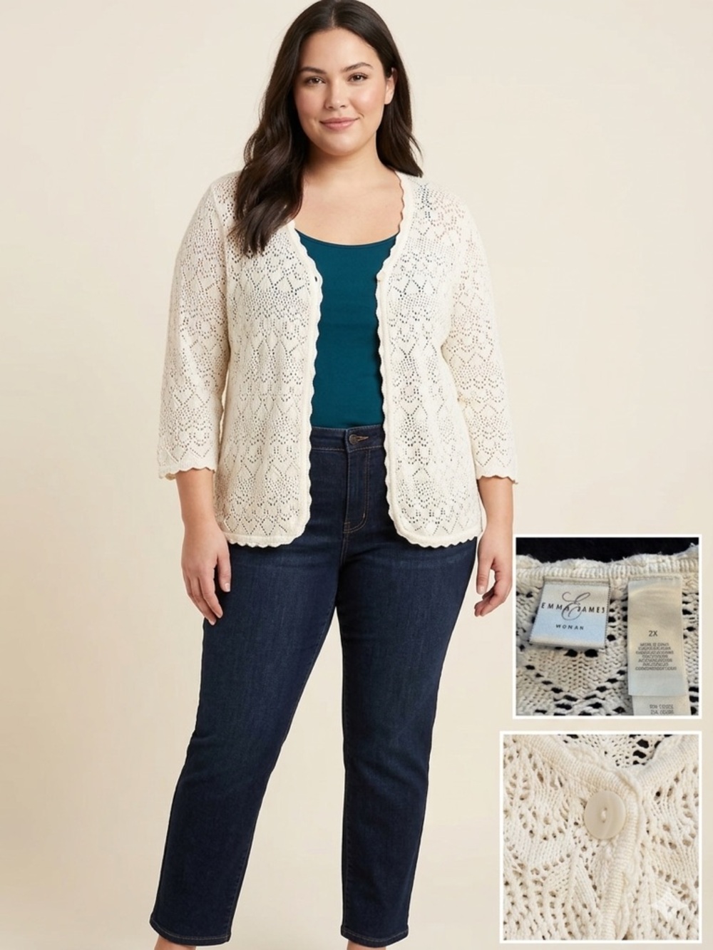 Emma James Woman Cream Pointelle Open Knit Cardigan Sweater Single Button Plus 2